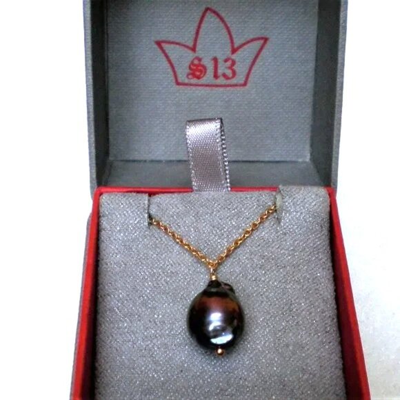 Samira 13 18K Gold Tahitian Black Baroque Pearl Pendant Necklace Chain $1310 - Picture 2 of 9